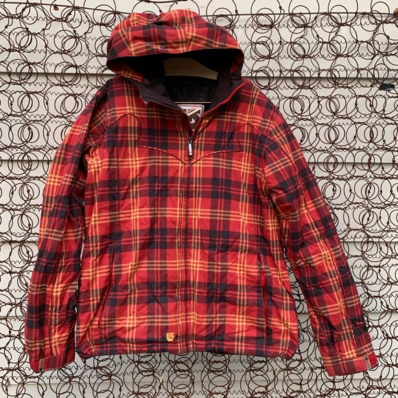 red plaid snowboard jacket